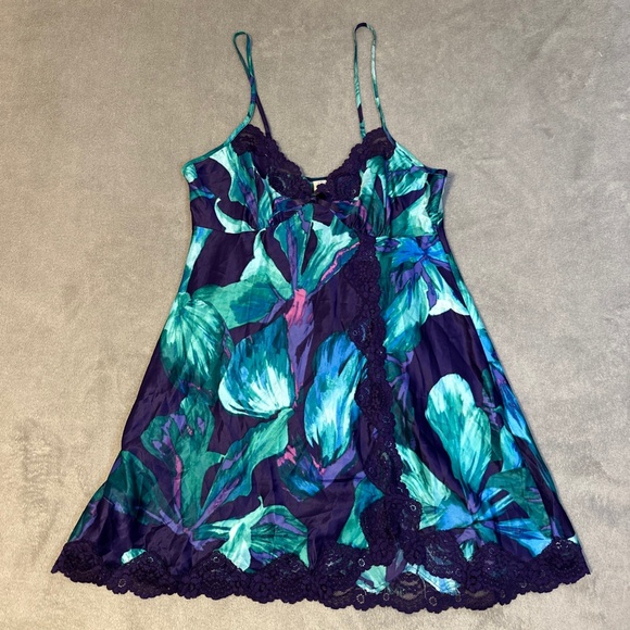 In Bloom by Jonquil Set Robe Slip Nightgown Med Large Purple Lace Teal Floral - Picture 8 of 14